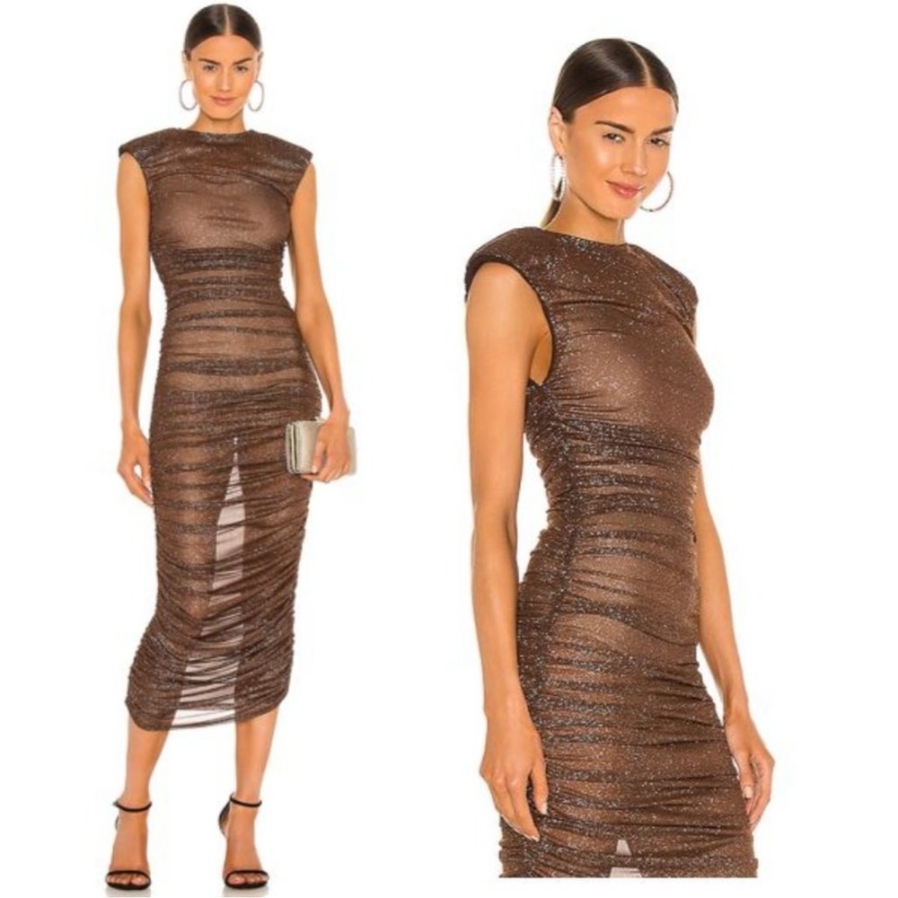 Bronx and Banco Maya Ruched Sheer Mesh Glitter Fitted Midi Dress Brown - S